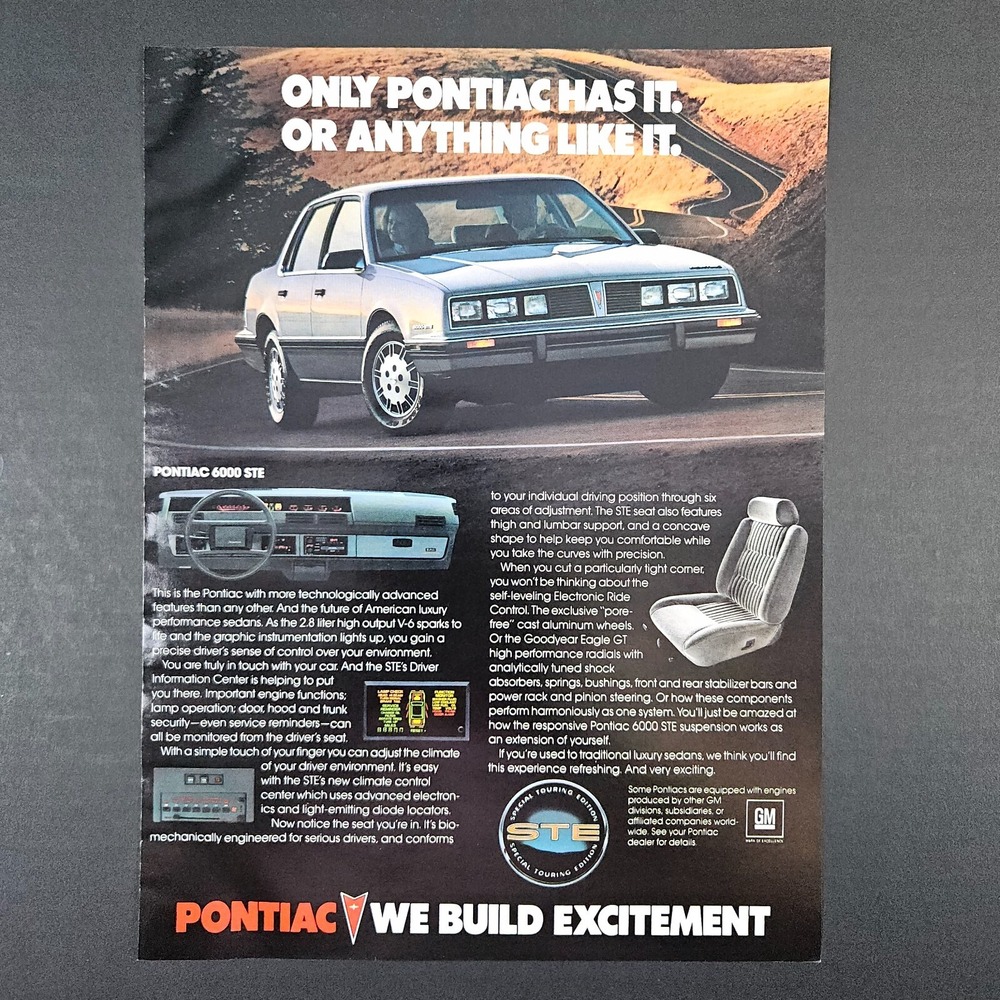 1983 Pontiac 6000 STE Vintage Print Ad We Build Excitement GM General Motors